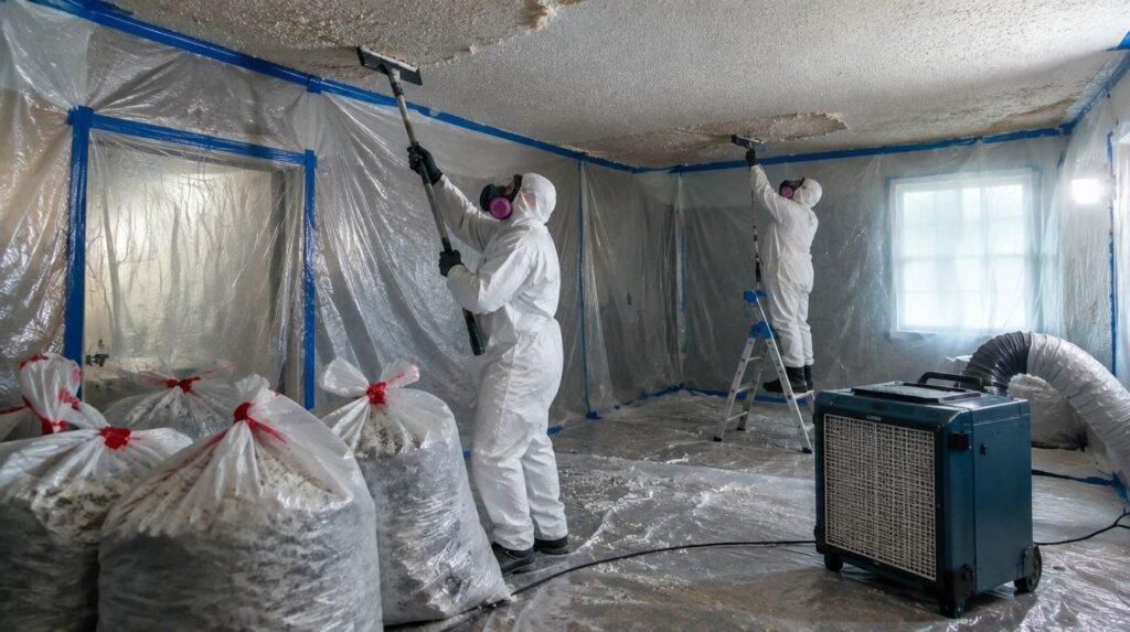 Asbestos popcorn ceiling removal inside sealed plastic containment with bagged waste