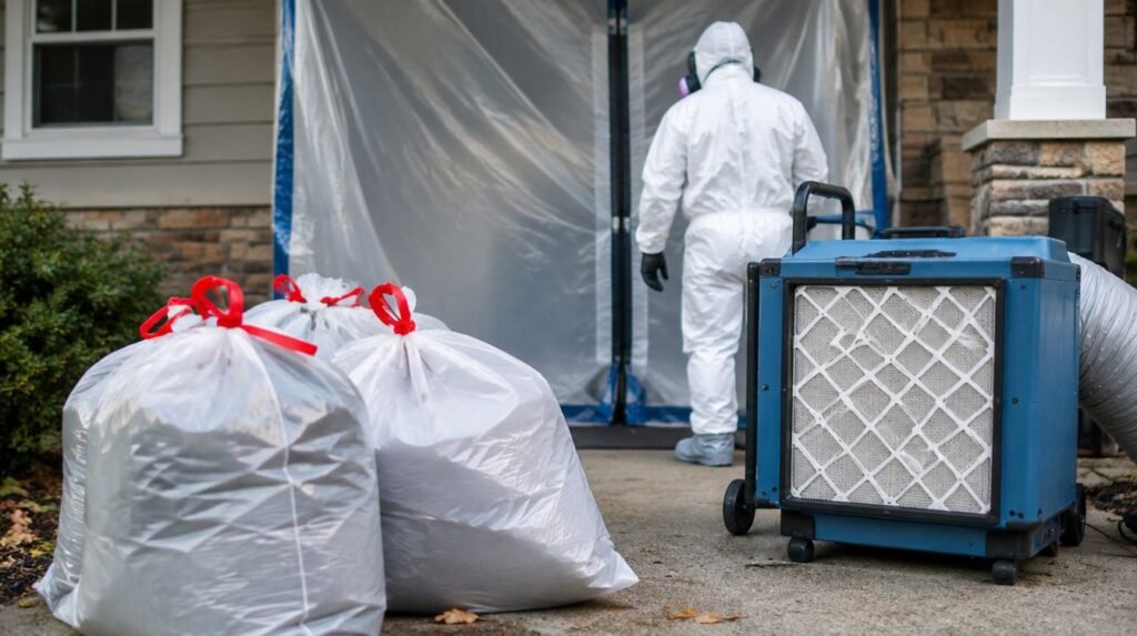 Sealed asbestos waste bags and HEPA air machine outside a containment area