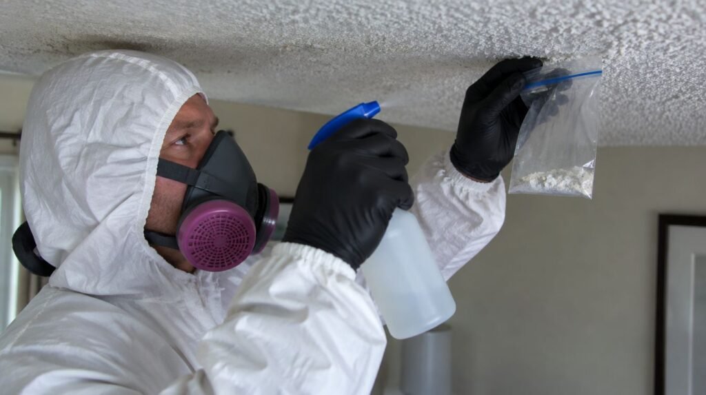 Asbestos professional in protective gear taking a popcorn ceiling sample