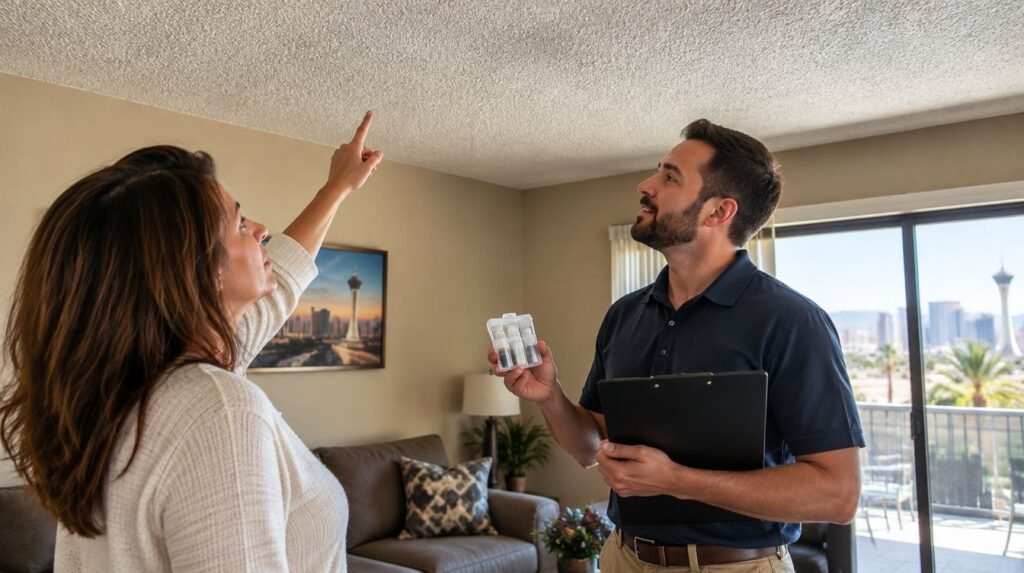 Homeowner pointing at a popcorn ceiling while a technician explains asbestos testing