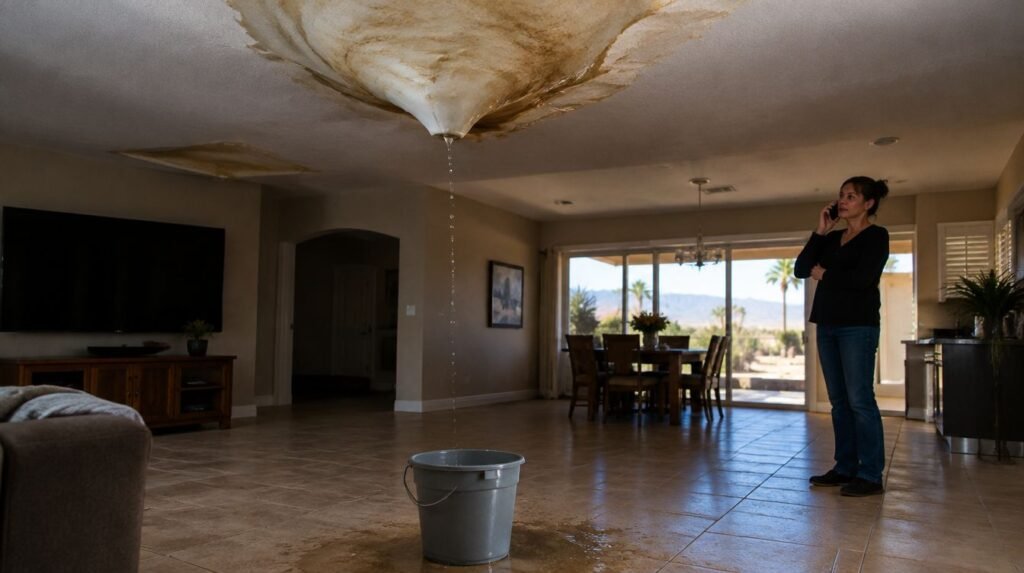 Sagging, water-damaged ceiling with a bucket catching drips in a Las Vegas home