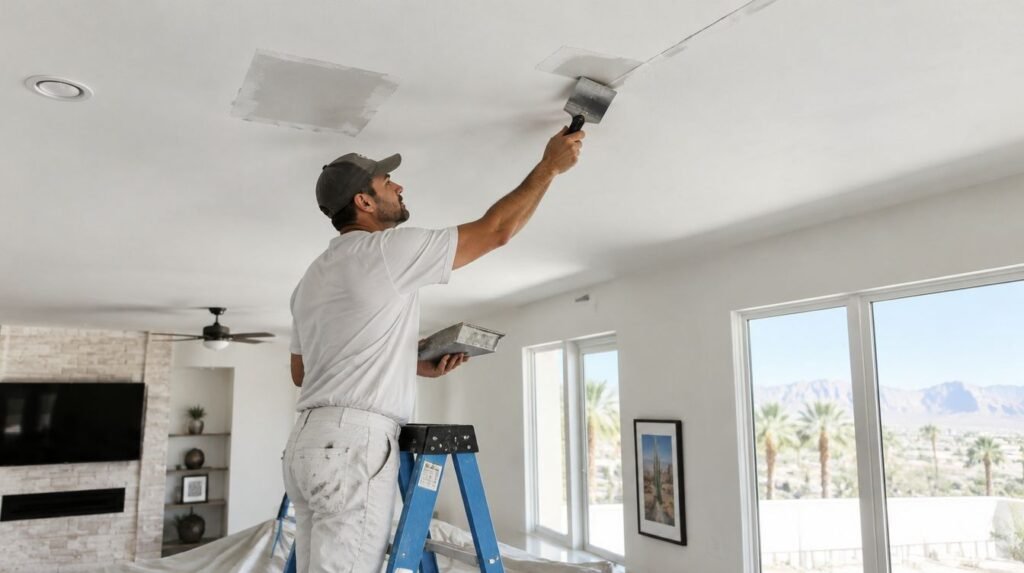 Drywall pro patching a hole and crack in a white ceiling