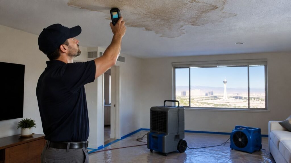 Contractor checking a water-stained ceiling with a moisture meter while drying equipment runs