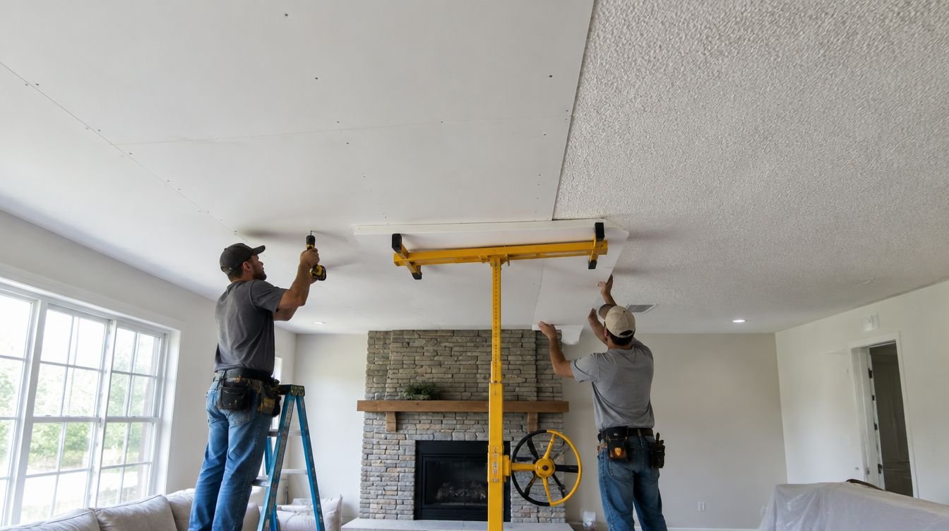 New drywall panels being installed over an old popcorn ceiling