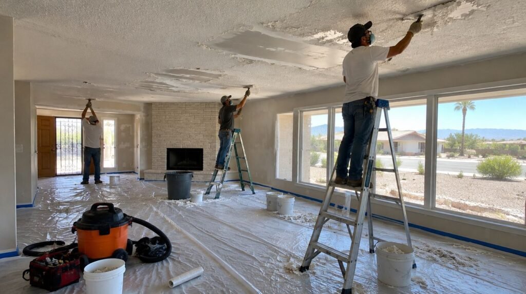 Crew scraping popcorn ceilings during a Las Vegas house flip renovation