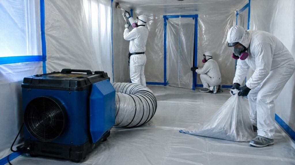 Licensed asbestos abatement crew working inside plastic containment with HEPA air