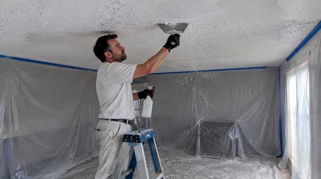 Pro scraping a painted popcorn ceiling in a room sealed with plastic