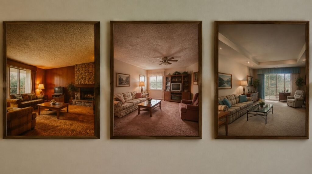Framed photos of 1970s, 1980s and 1990s home interiors with popcorn ceilings
