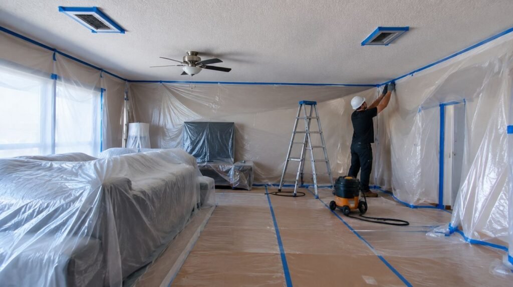 Room prepped for popcorn ceiling removal with floors covered and vents sealed