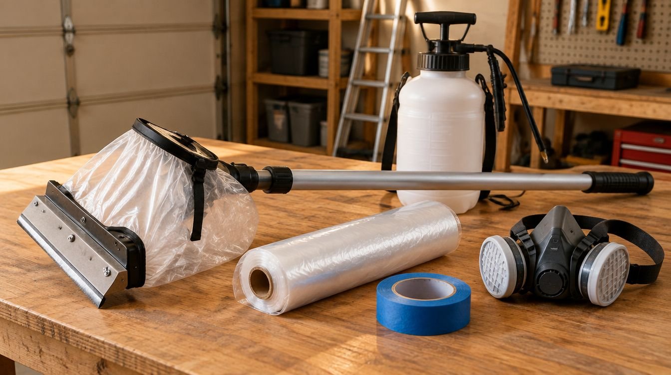 Popcorn ceiling removal tools: scraper with debris bag, pump sprayer, plastic sheeting and respirator
