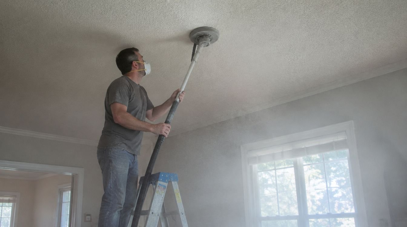 Person about to sand a popcorn ceiling with a pole sander while fine dust fills the room