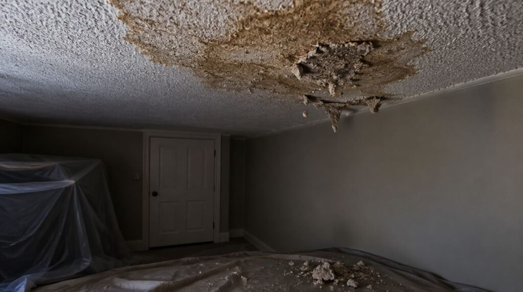 Water-stained, crumbling popcorn ceiling after a leak