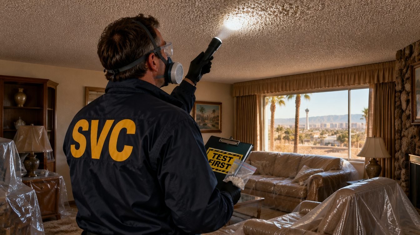 SVC inspector with respirator inspecting a popcorn ceiling before asbestos testing