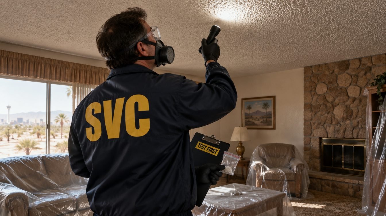 SVC inspector checking a popcorn ceiling for asbestos in a Las Vegas home